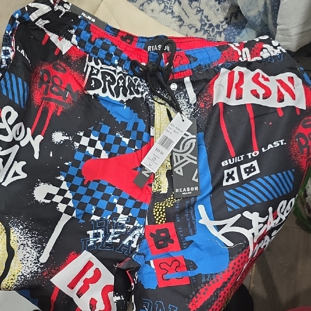 Reason Men Graphic Print Swim Trunks - Black, Red, and Blue SIZE XL